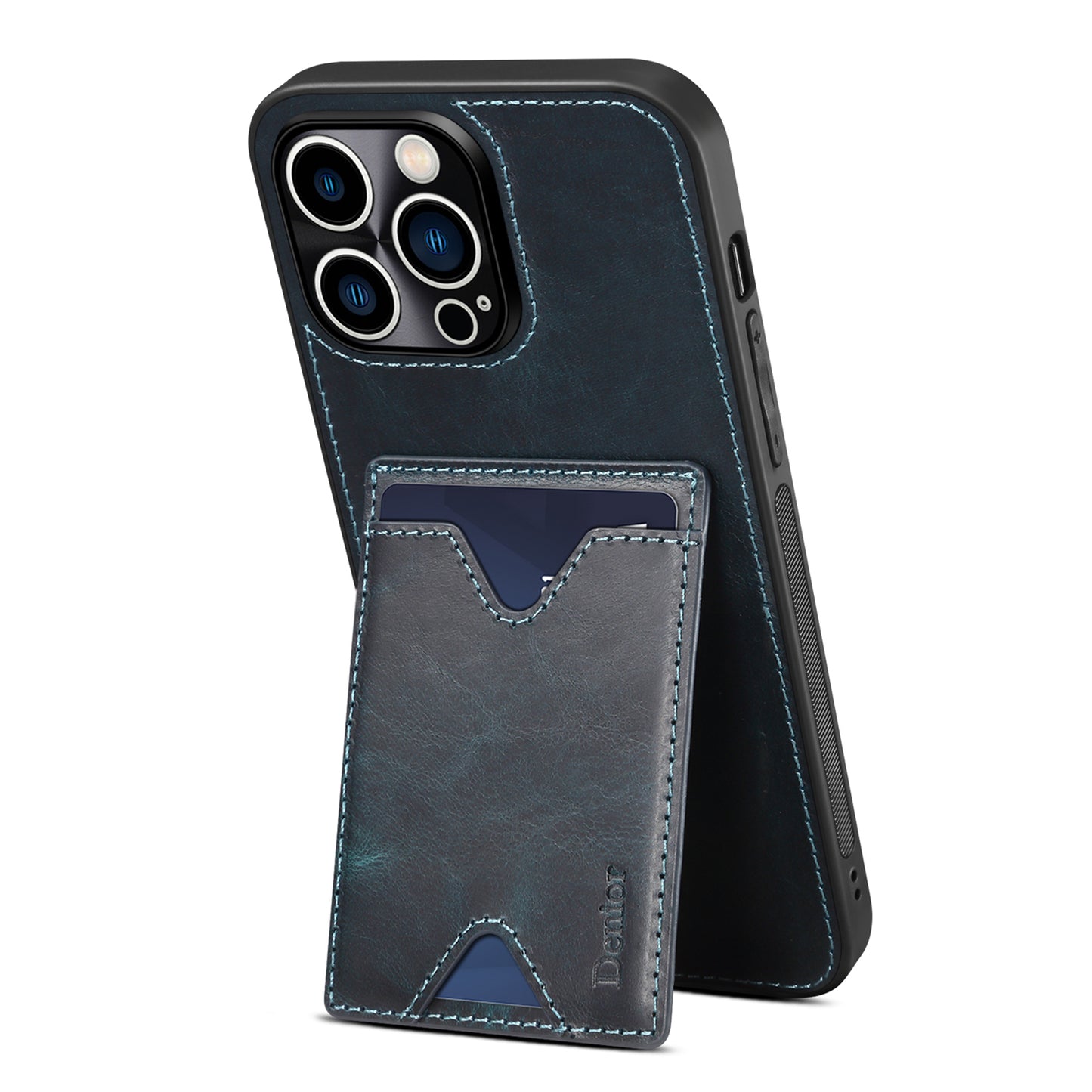 DENIOR Shockproof Case for iPhone 14 Pro Cowhide Leather TPU Phone Shell with Card Holder, Kickstand