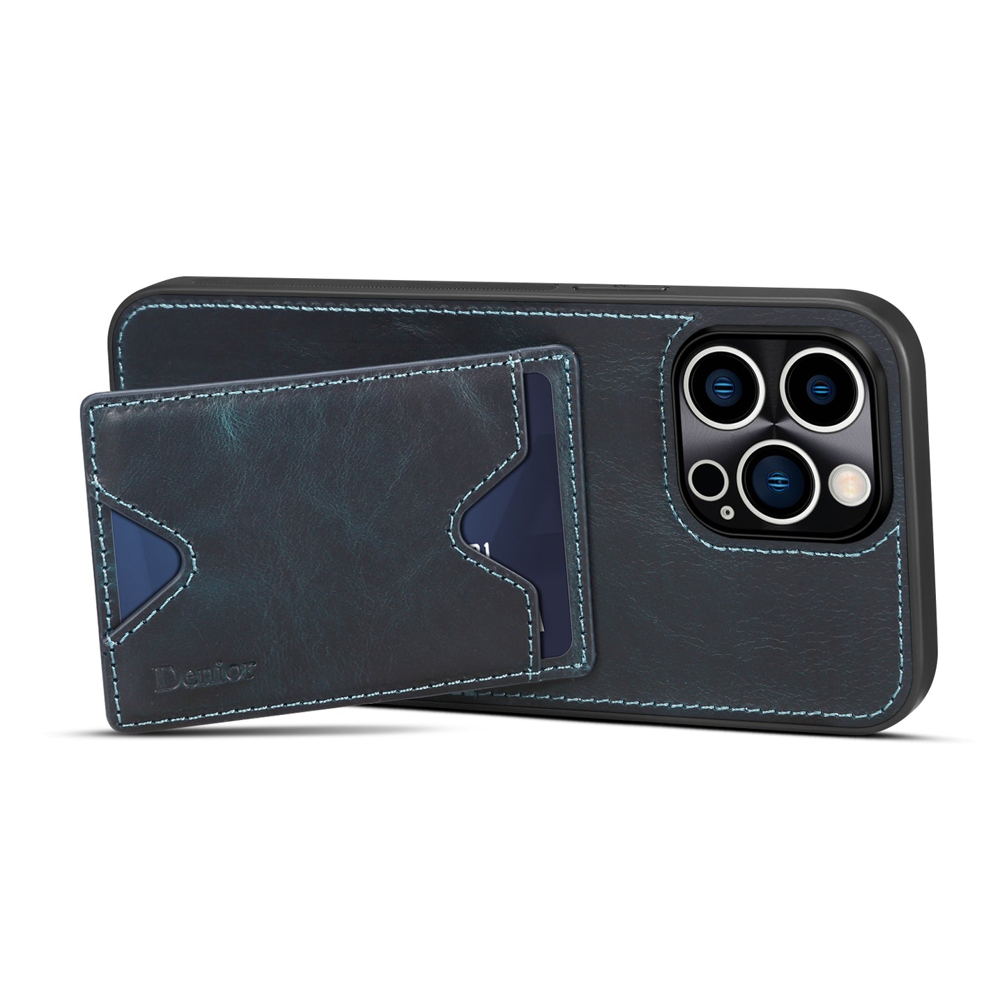 DENIOR Shockproof Case for iPhone 14 Pro Cowhide Leather TPU Phone Shell with Card Holder, Kickstand