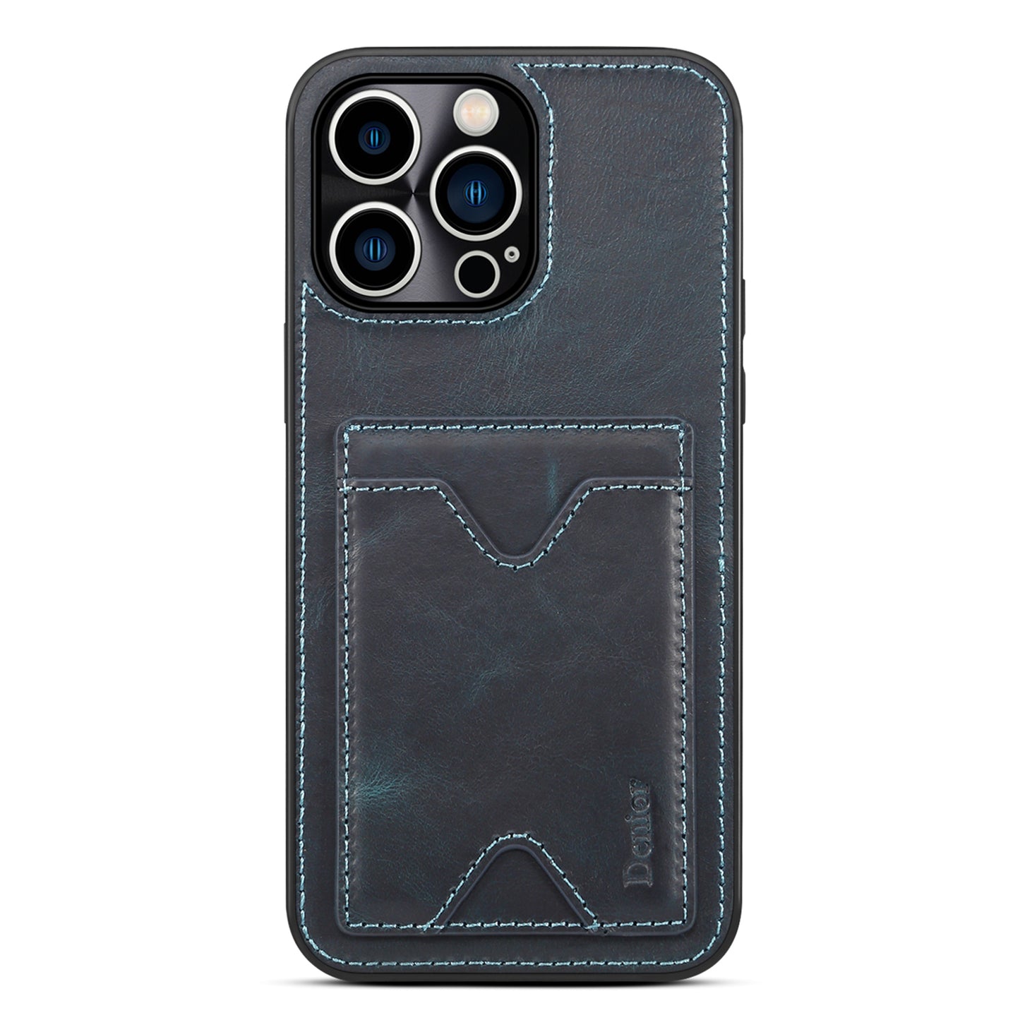 DENIOR Shockproof Case for iPhone 14 Pro Cowhide Leather TPU Phone Shell with Card Holder, Kickstand