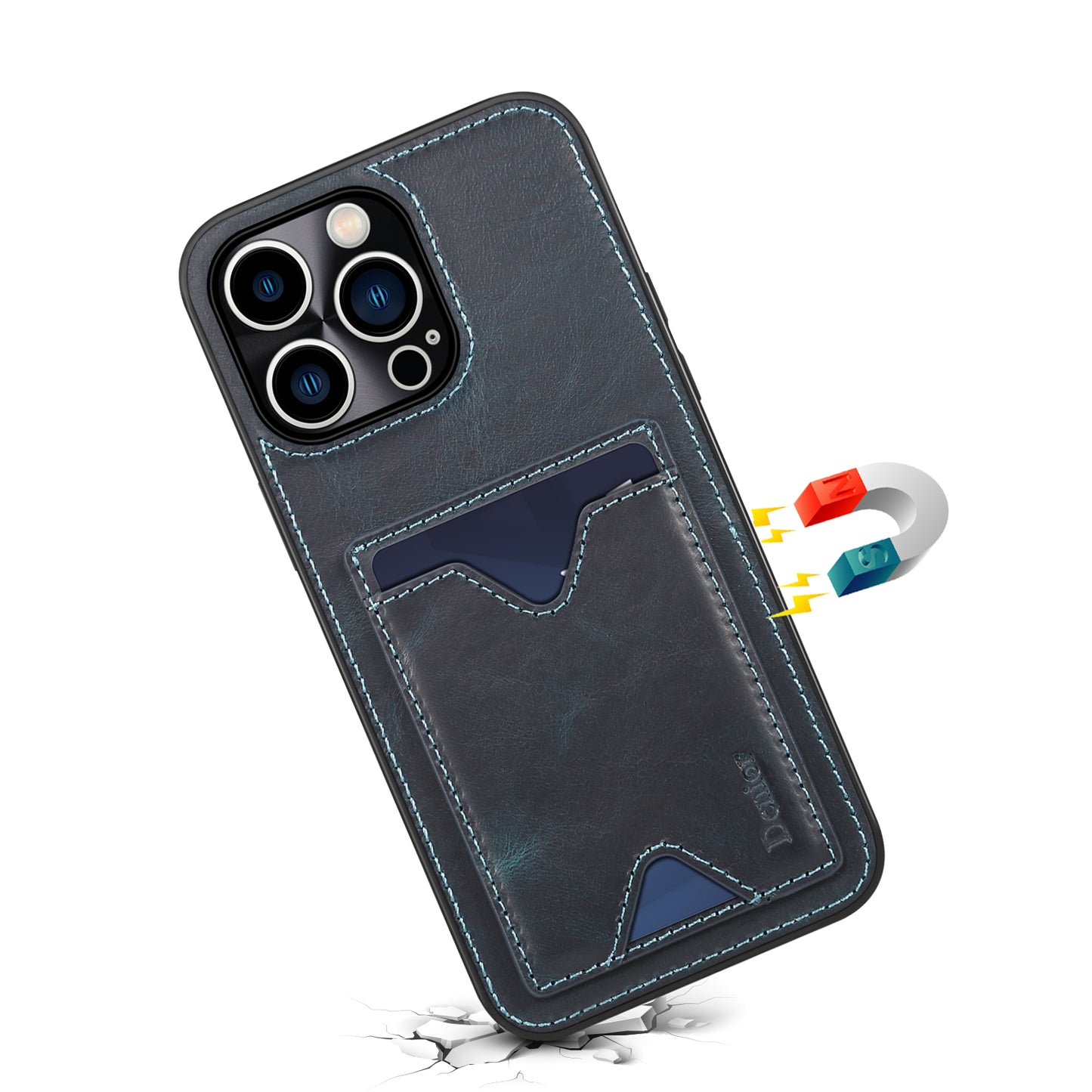 DENIOR Shockproof Case for iPhone 14 Pro Cowhide Leather TPU Phone Shell with Card Holder, Kickstand