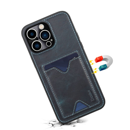 DENIOR Shockproof Case for iPhone 14 Pro Cowhide Leather TPU Phone Shell with Card Holder, Kickstand