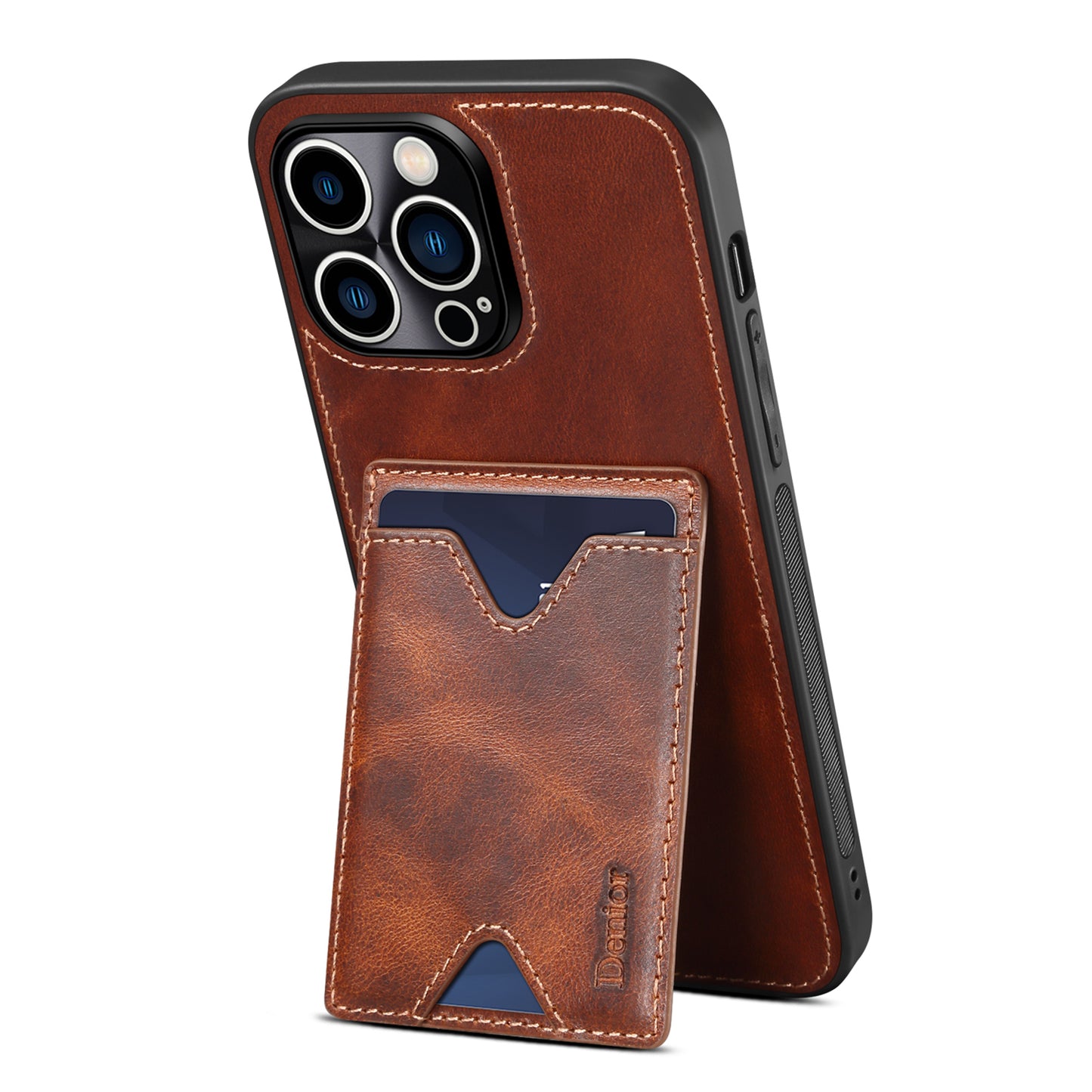 DENIOR Shockproof Case for iPhone 14 Pro Cowhide Leather TPU Phone Shell with Card Holder, Kickstand