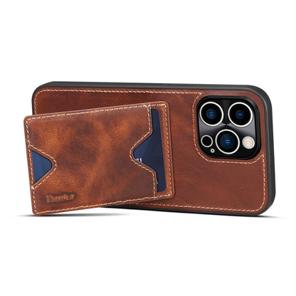 DENIOR Shockproof Case for iPhone 14 Pro Cowhide Leather TPU Phone Shell with Card Holder, Kickstand