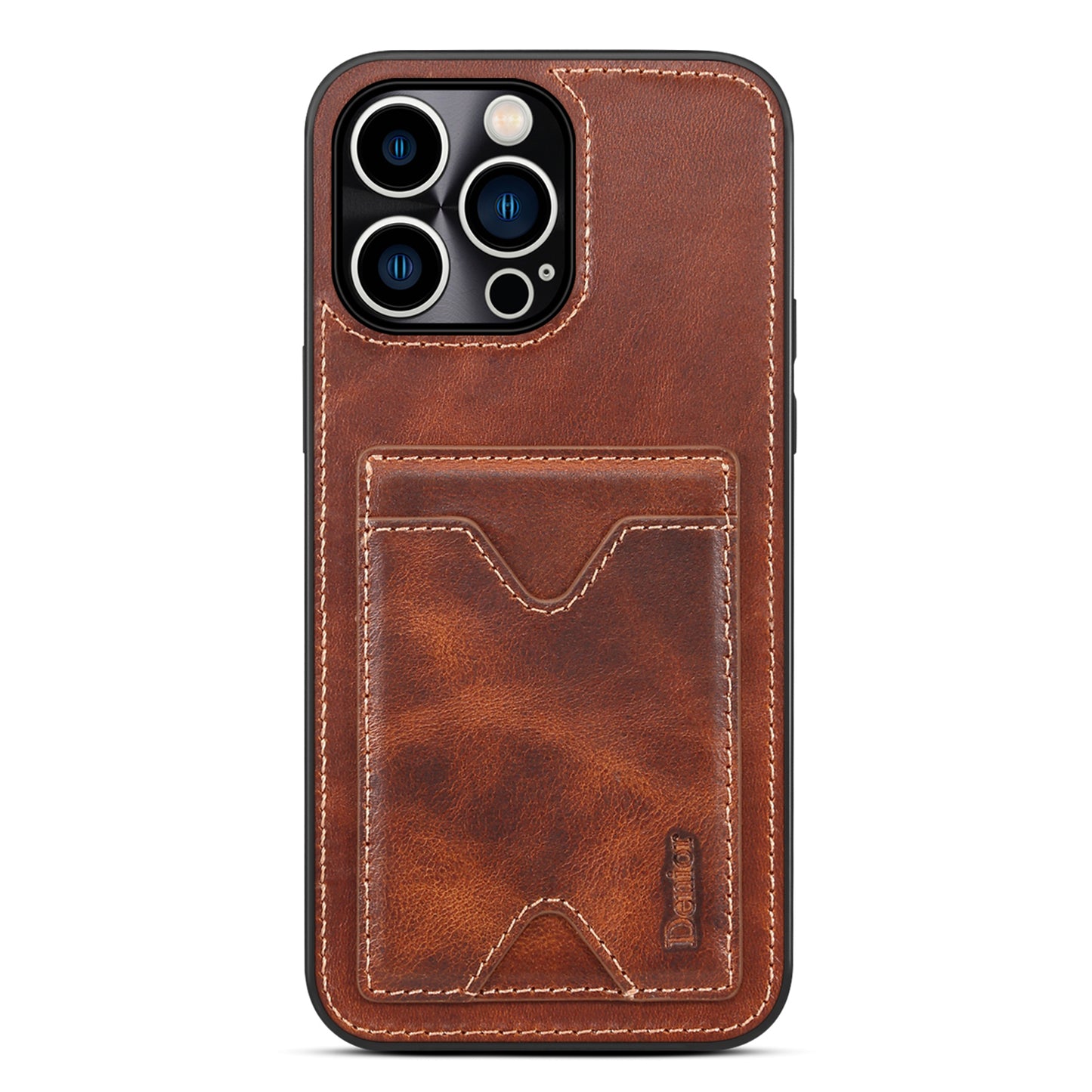 DENIOR Shockproof Case for iPhone 14 Pro Cowhide Leather TPU Phone Shell with Card Holder, Kickstand