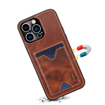 DENIOR Shockproof Case for iPhone 14 Pro Cowhide Leather TPU Phone Shell with Card Holder, Kickstand