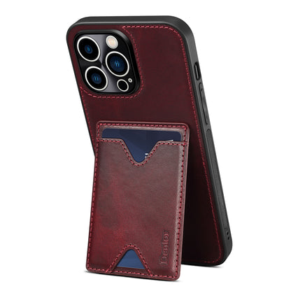 DENIOR Shockproof Case for iPhone 14 Pro Cowhide Leather TPU Phone Shell with Card Holder, Kickstand