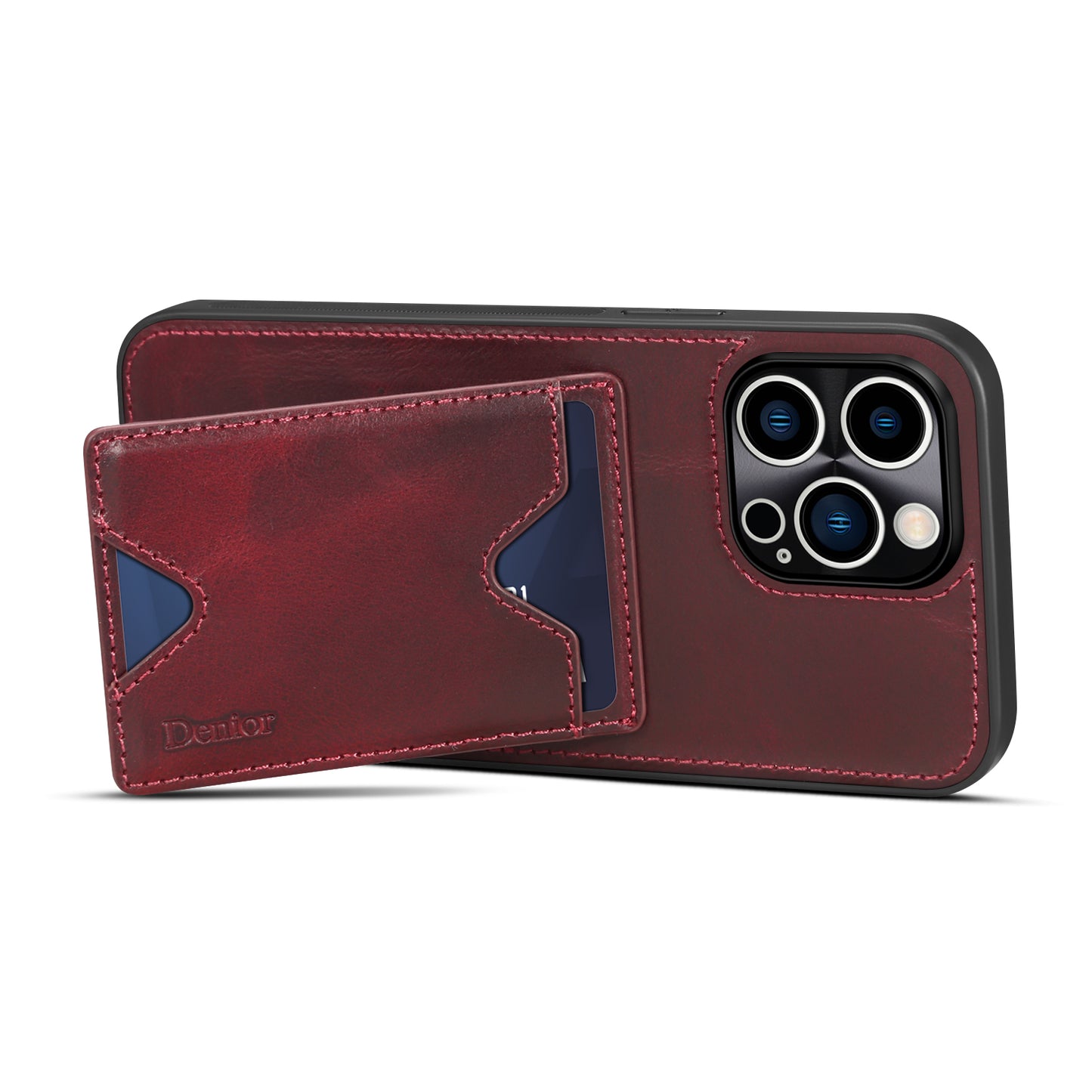 DENIOR Shockproof Case for iPhone 14 Pro Cowhide Leather TPU Phone Shell with Card Holder, Kickstand