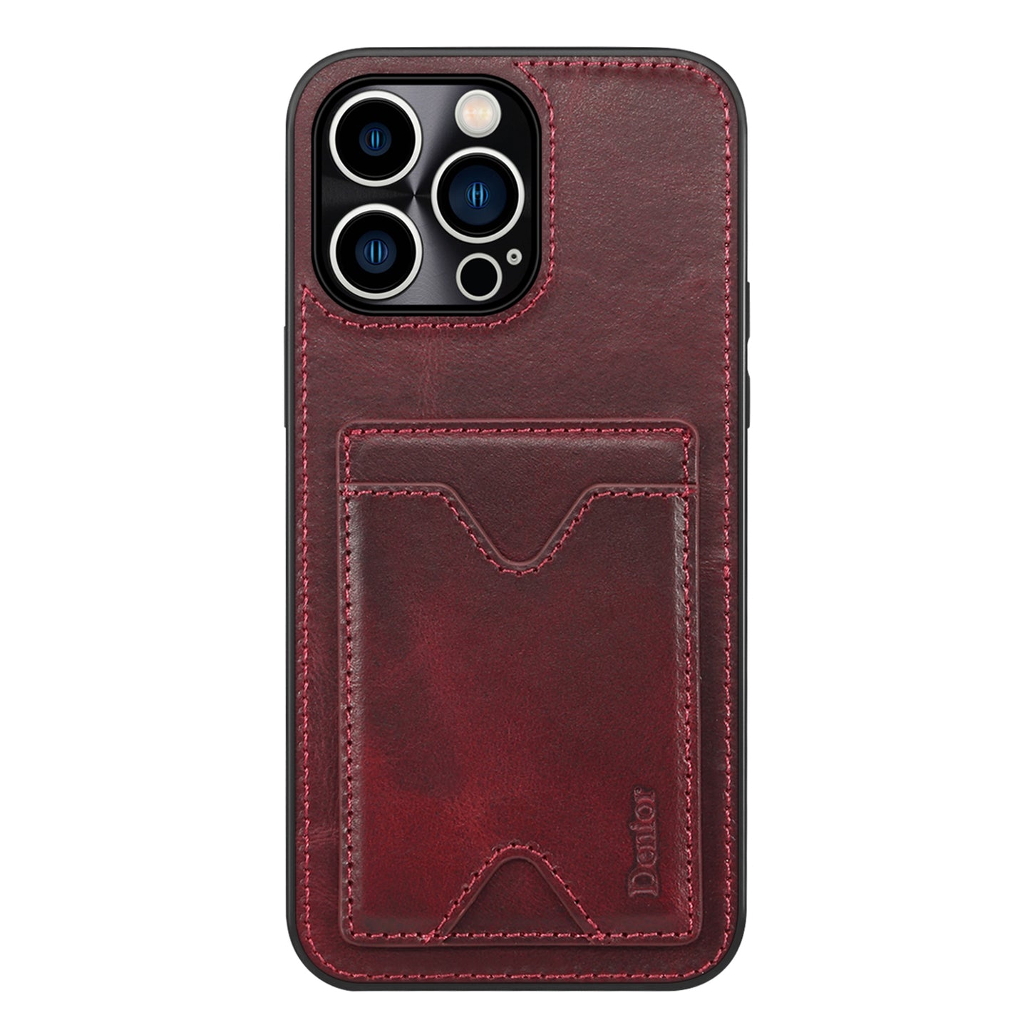 DENIOR Shockproof Case for iPhone 14 Pro Cowhide Leather TPU Phone Shell with Card Holder, Kickstand