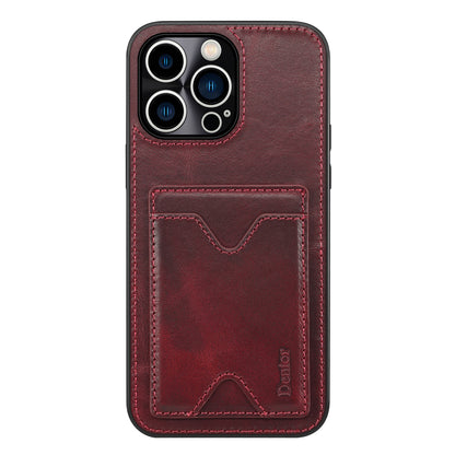 DENIOR Shockproof Case for iPhone 14 Pro Cowhide Leather TPU Phone Shell with Card Holder, Kickstand