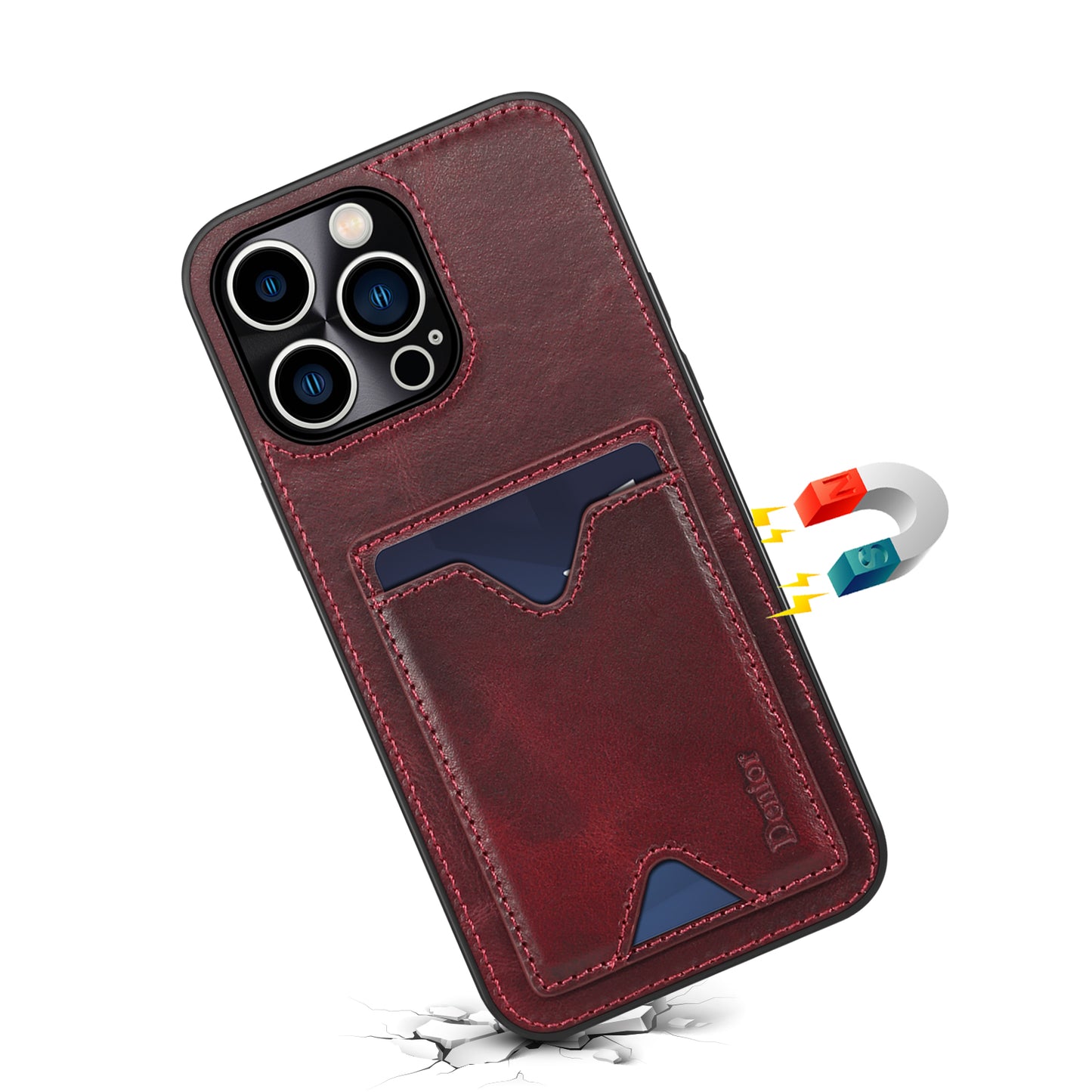DENIOR Shockproof Case for iPhone 14 Pro Cowhide Leather TPU Phone Shell with Card Holder, Kickstand