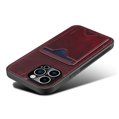 DENIOR Shockproof Case for iPhone 14 Pro Cowhide Leather TPU Phone Shell with Card Holder, Kickstand