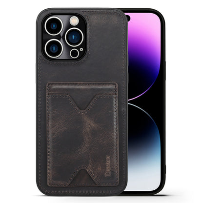 DENIOR Shockproof Case for iPhone 14 Pro Cowhide Leather TPU Phone Shell with Card Holder, Kickstand