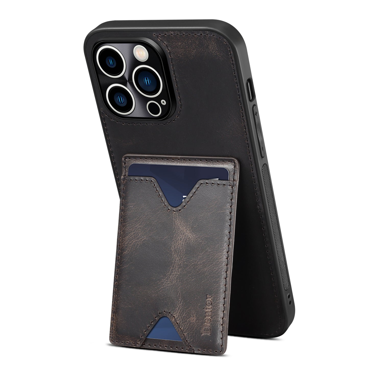 DENIOR Shockproof Case for iPhone 14 Pro Cowhide Leather TPU Phone Shell with Card Holder, Kickstand
