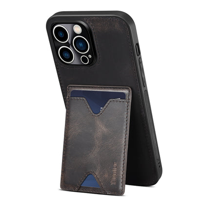 DENIOR Shockproof Case for iPhone 14 Pro Cowhide Leather TPU Phone Shell with Card Holder, Kickstand