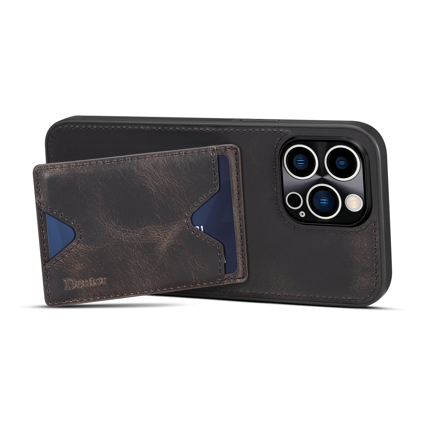 DENIOR Shockproof Case for iPhone 14 Pro Cowhide Leather TPU Phone Shell with Card Holder, Kickstand