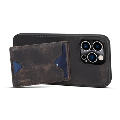 DENIOR Shockproof Case for iPhone 14 Pro Cowhide Leather TPU Phone Shell with Card Holder, Kickstand