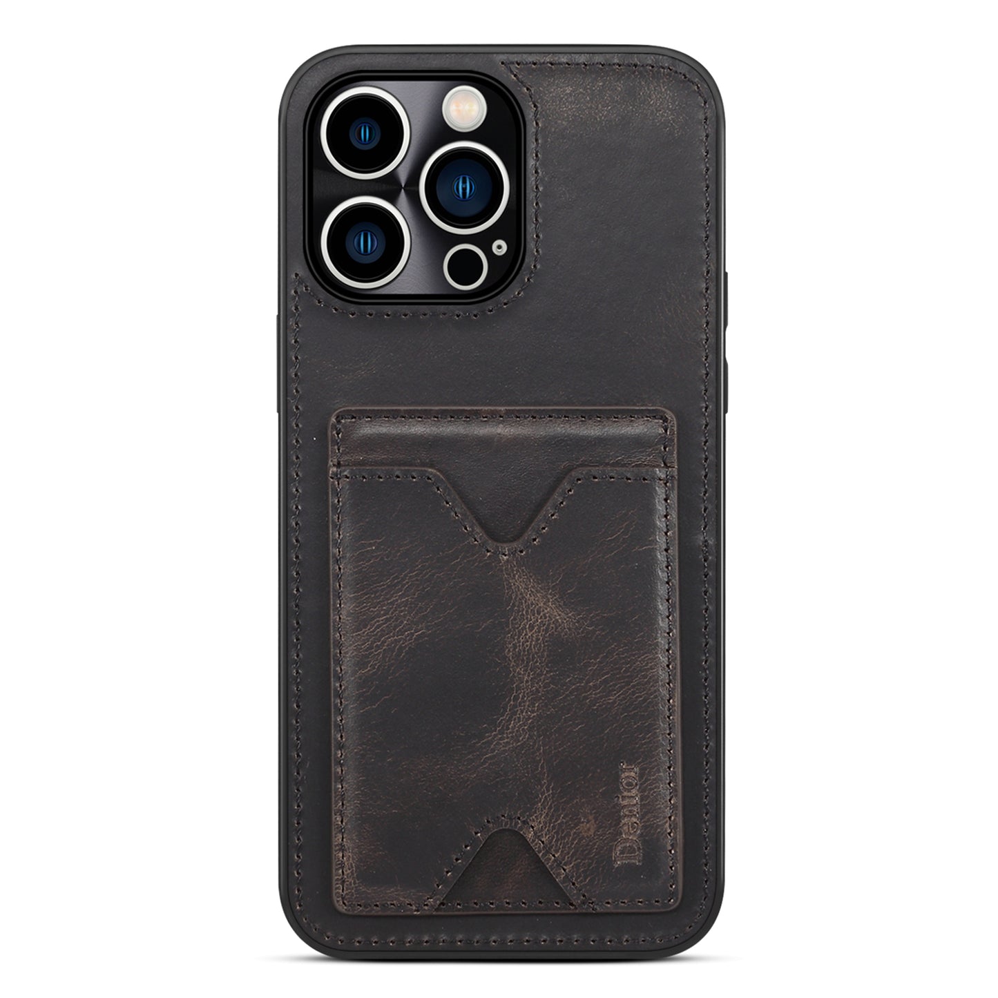 DENIOR Shockproof Case for iPhone 14 Pro Cowhide Leather TPU Phone Shell with Card Holder, Kickstand