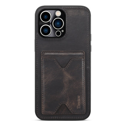 DENIOR Shockproof Case for iPhone 14 Pro Cowhide Leather TPU Phone Shell with Card Holder, Kickstand