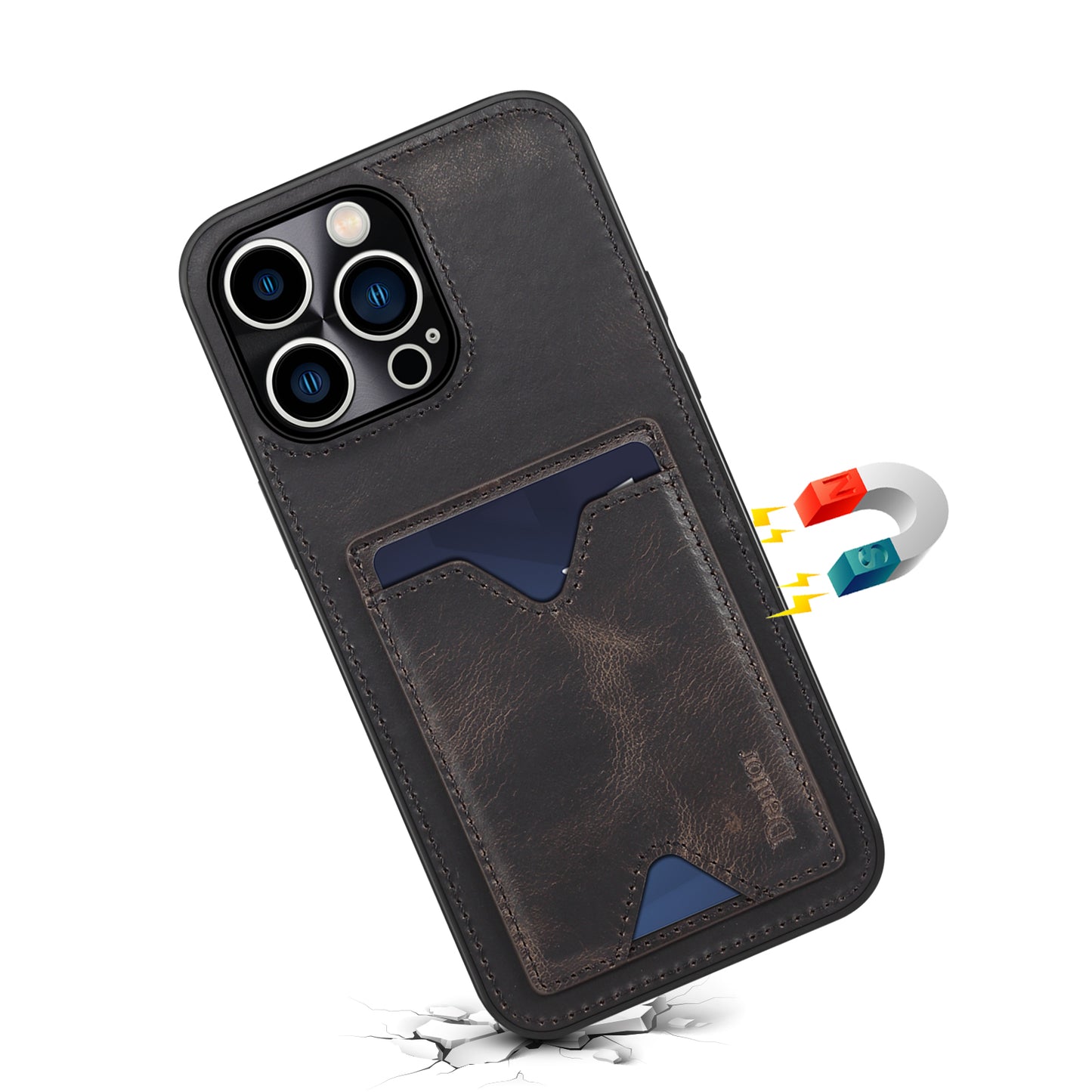 DENIOR Shockproof Case for iPhone 14 Pro Cowhide Leather TPU Phone Shell with Card Holder, Kickstand