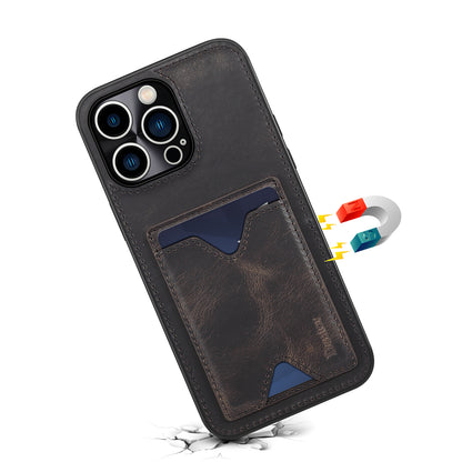 DENIOR Shockproof Case for iPhone 14 Pro Cowhide Leather TPU Phone Shell with Card Holder, Kickstand