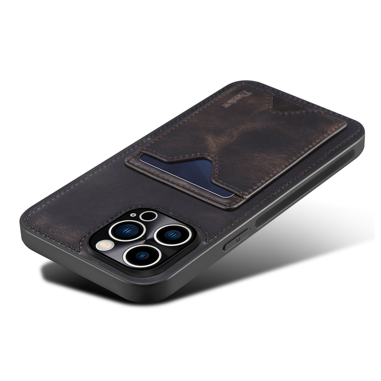 DENIOR Shockproof Case for iPhone 14 Pro Cowhide Leather TPU Phone Shell with Card Holder, Kickstand