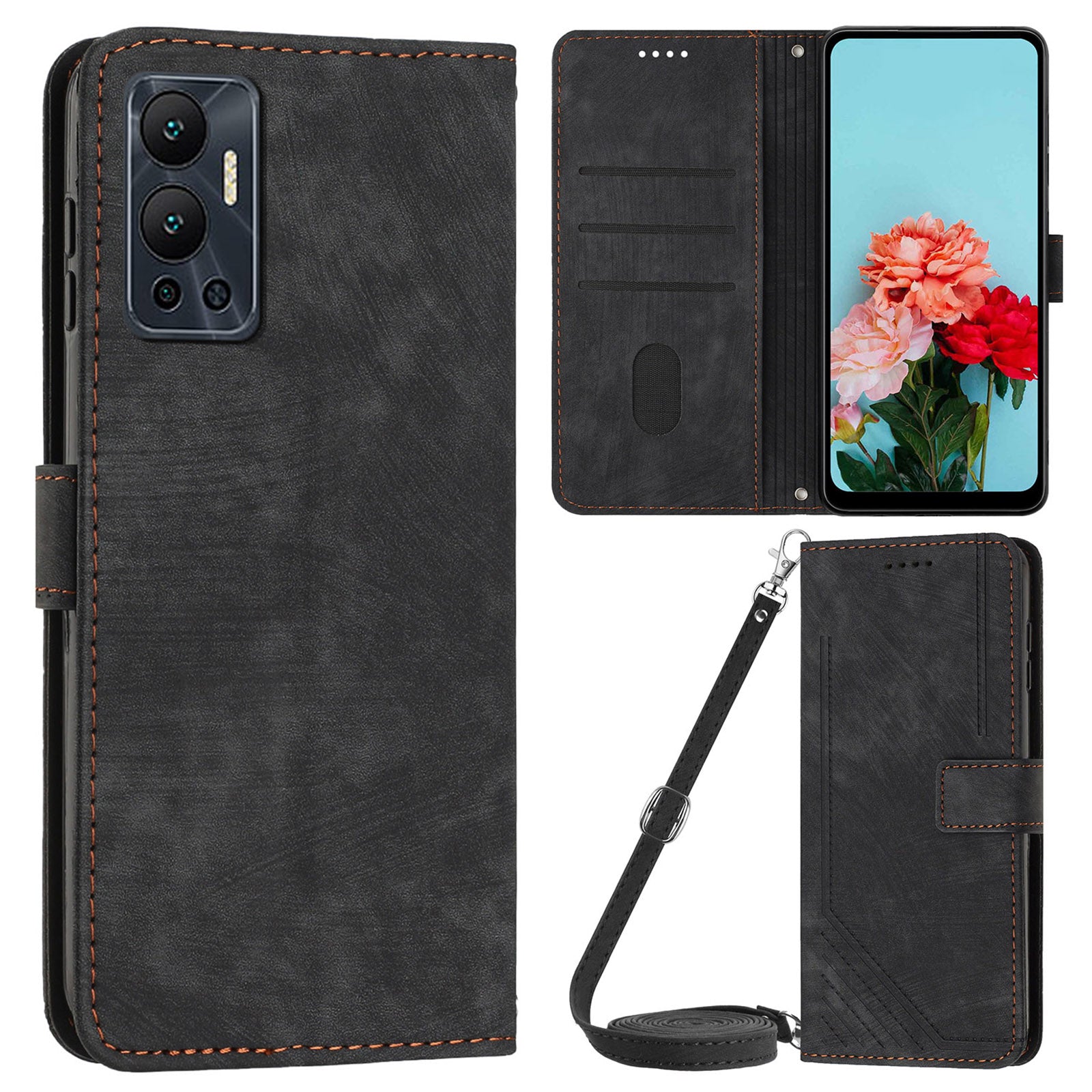 For Infinix Hot 12 4G Stand PU Leather Phone Wallet Case Lines Imprinted Phone Cover with Straps