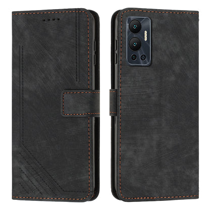 For Infinix Hot 12 4G Stand PU Leather Phone Wallet Case Lines Imprinted Phone Cover with Straps