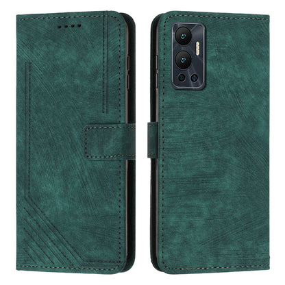 For Infinix Hot 12 4G Stand PU Leather Phone Wallet Case Lines Imprinted Phone Cover with Straps