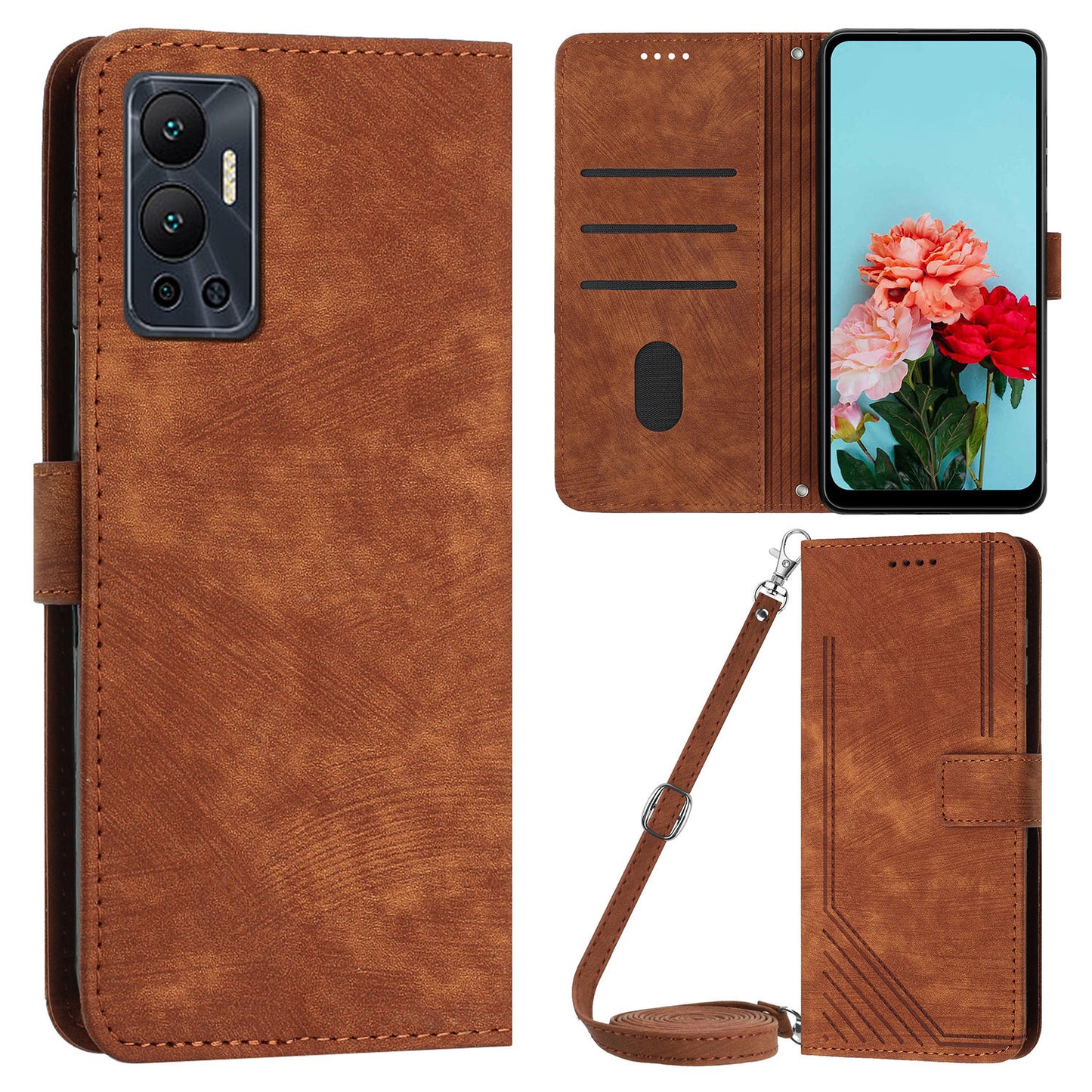 For Infinix Hot 12 4G Stand PU Leather Phone Wallet Case Lines Imprinted Phone Cover with Straps