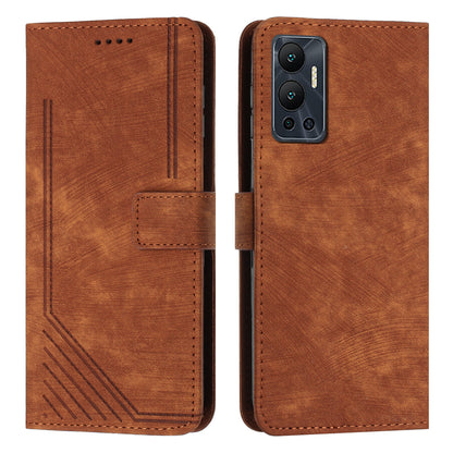 For Infinix Hot 12 4G Stand PU Leather Phone Wallet Case Lines Imprinted Phone Cover with Straps