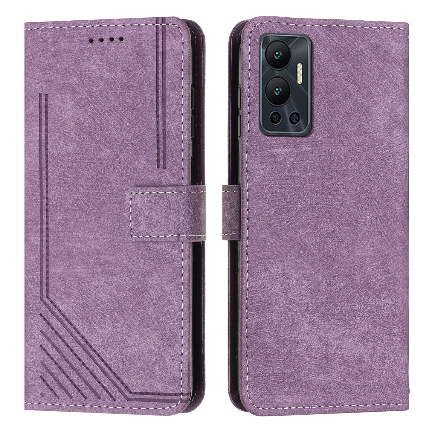 For Infinix Hot 12 4G Stand PU Leather Phone Wallet Case Lines Imprinted Phone Cover with Straps