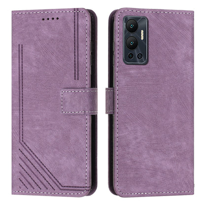 For Infinix Hot 12 4G Stand PU Leather Phone Wallet Case Lines Imprinted Phone Cover with Straps