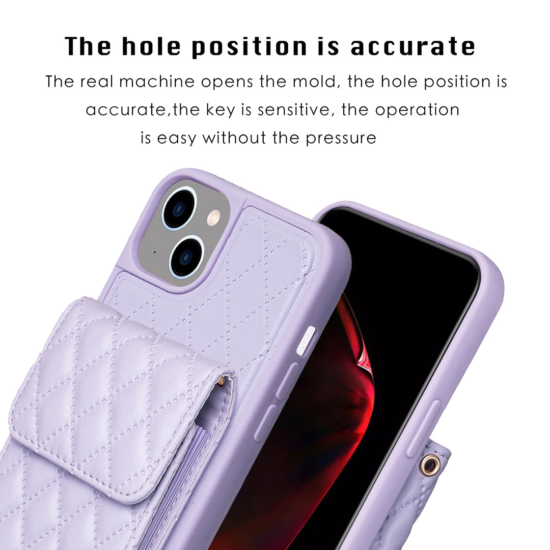 BF22-Style Vertical Card Holder Phone Case for iPhone 14 / 13 , Dustproof PU Leather+TPU Phone Cover with Strap