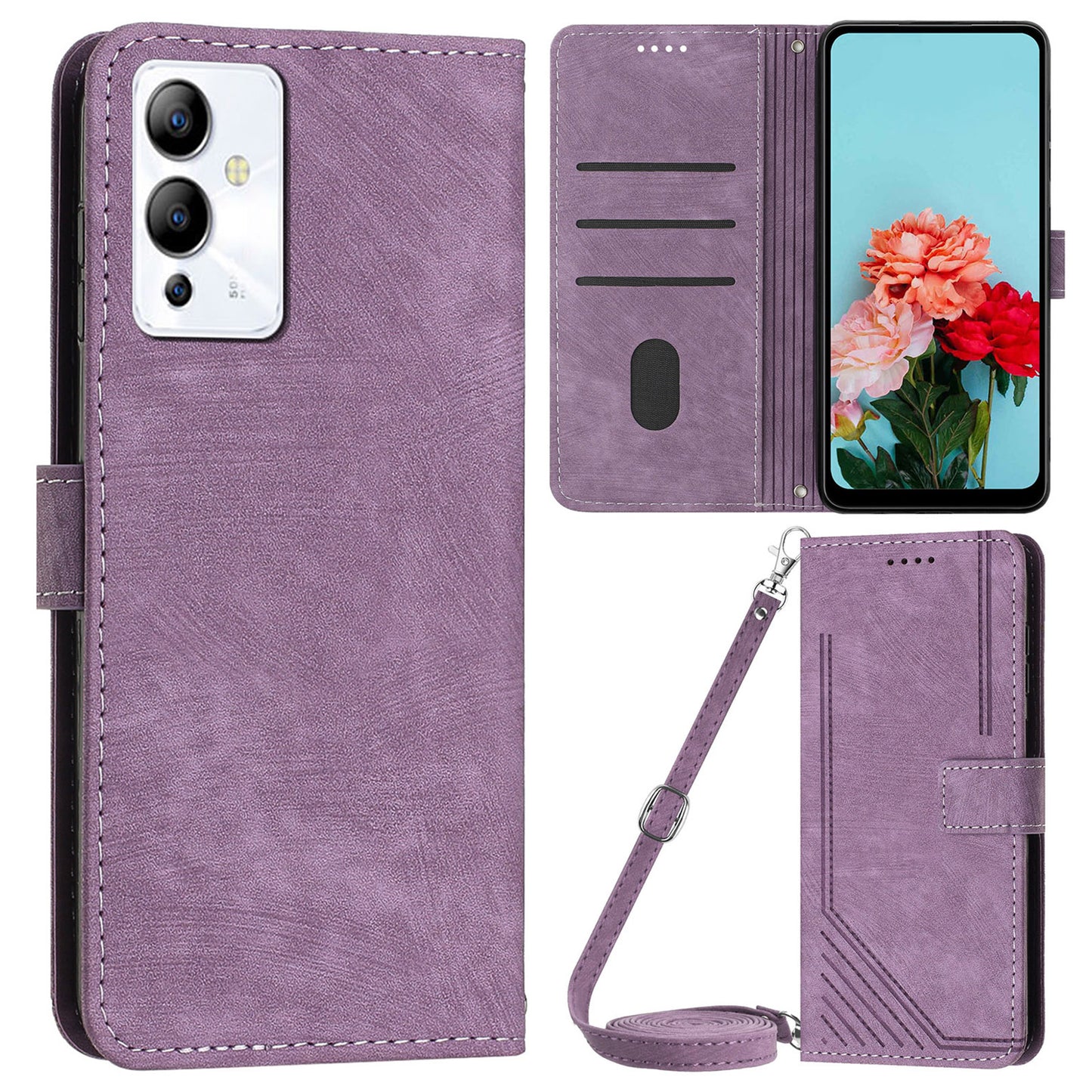 For Infinix Note 12i Anti-fingerprint PU Leather Wallet Phone Stand Case Lines Imprinted Cover with Straps