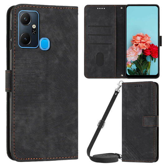 For Infinix Smart 6 Plus (India) 4G Stand PU Leather Wallet Phone Case Lines Imprinted Cover with Straps