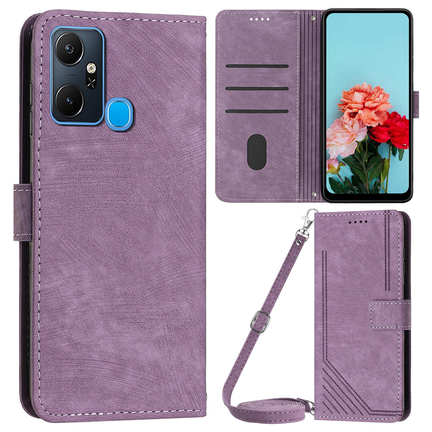 For Infinix Smart 6 Plus (India) 4G Stand PU Leather Wallet Phone Case Lines Imprinted Cover with Straps