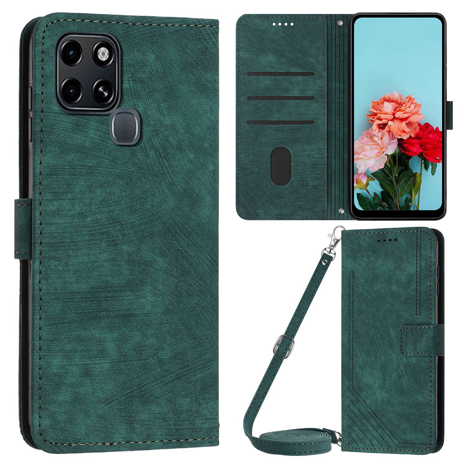 Stand Phone Shell for Infinix Smart 6 , Skin-touch PU Leather Wallet Stand Lines Imprinted Cover with Straps