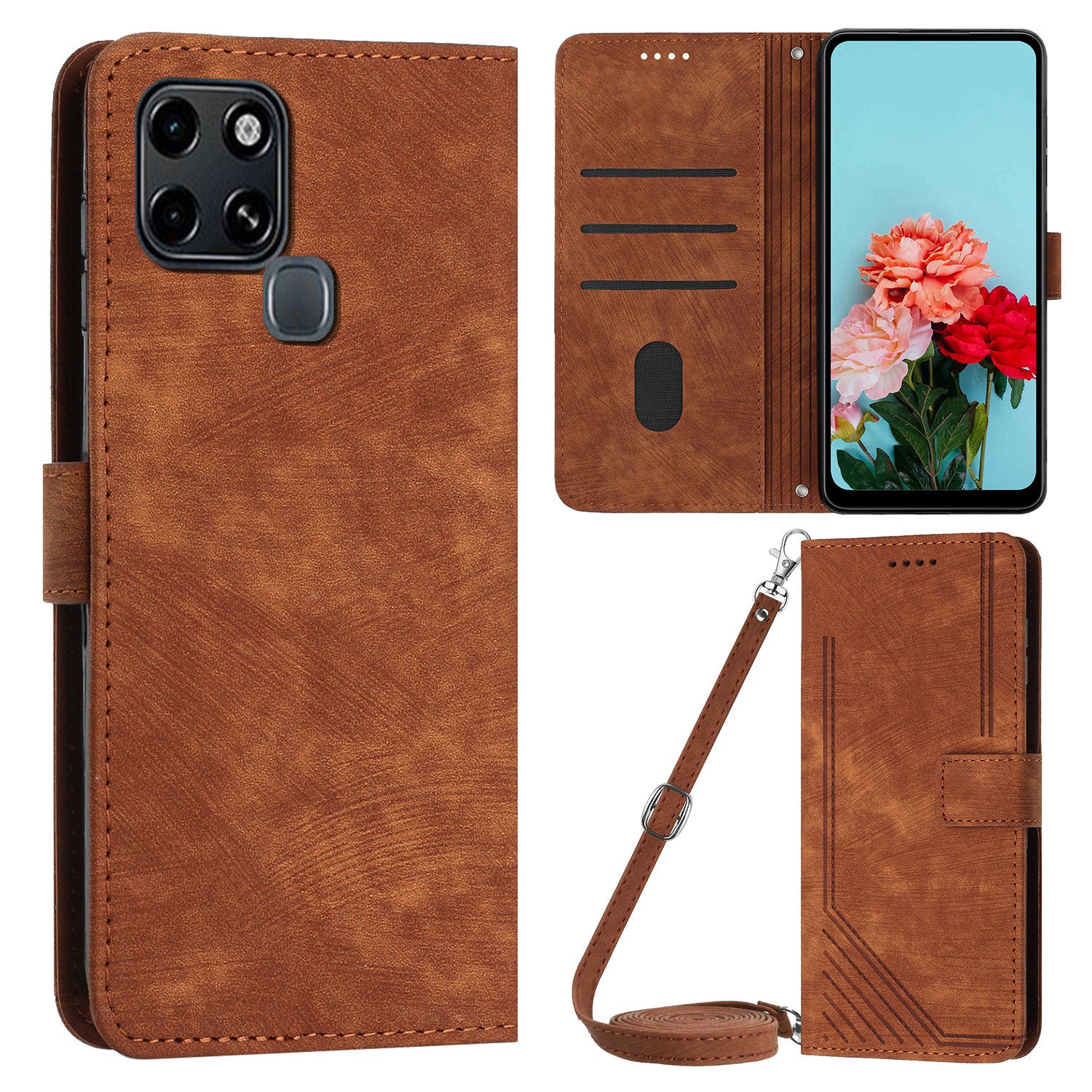 Stand Phone Shell for Infinix Smart 6 , Skin-touch PU Leather Wallet Stand Lines Imprinted Cover with Straps