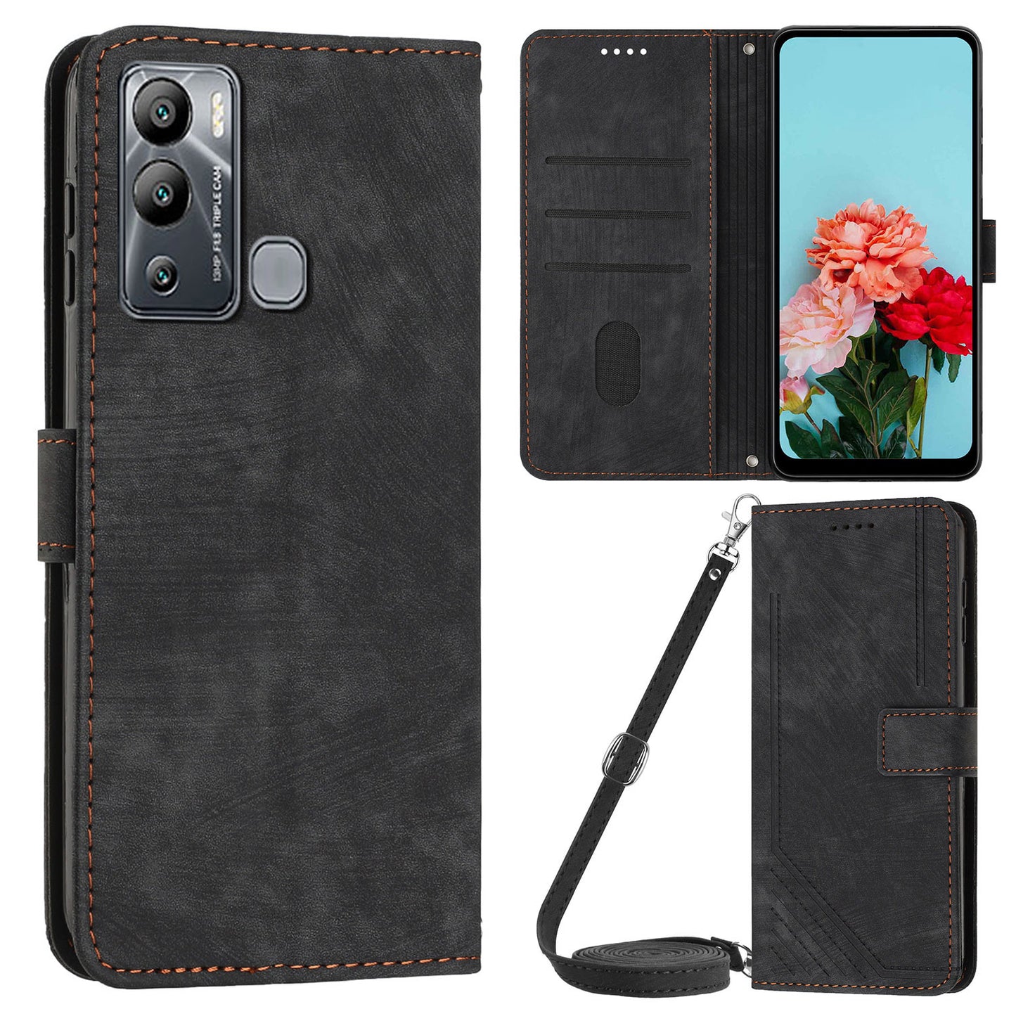 For Infinix Hot 12i 4G Slim-Fit Wallet Phone Stand Case PU Leather Lines Imprinted Skin-Touch Cover with Straps