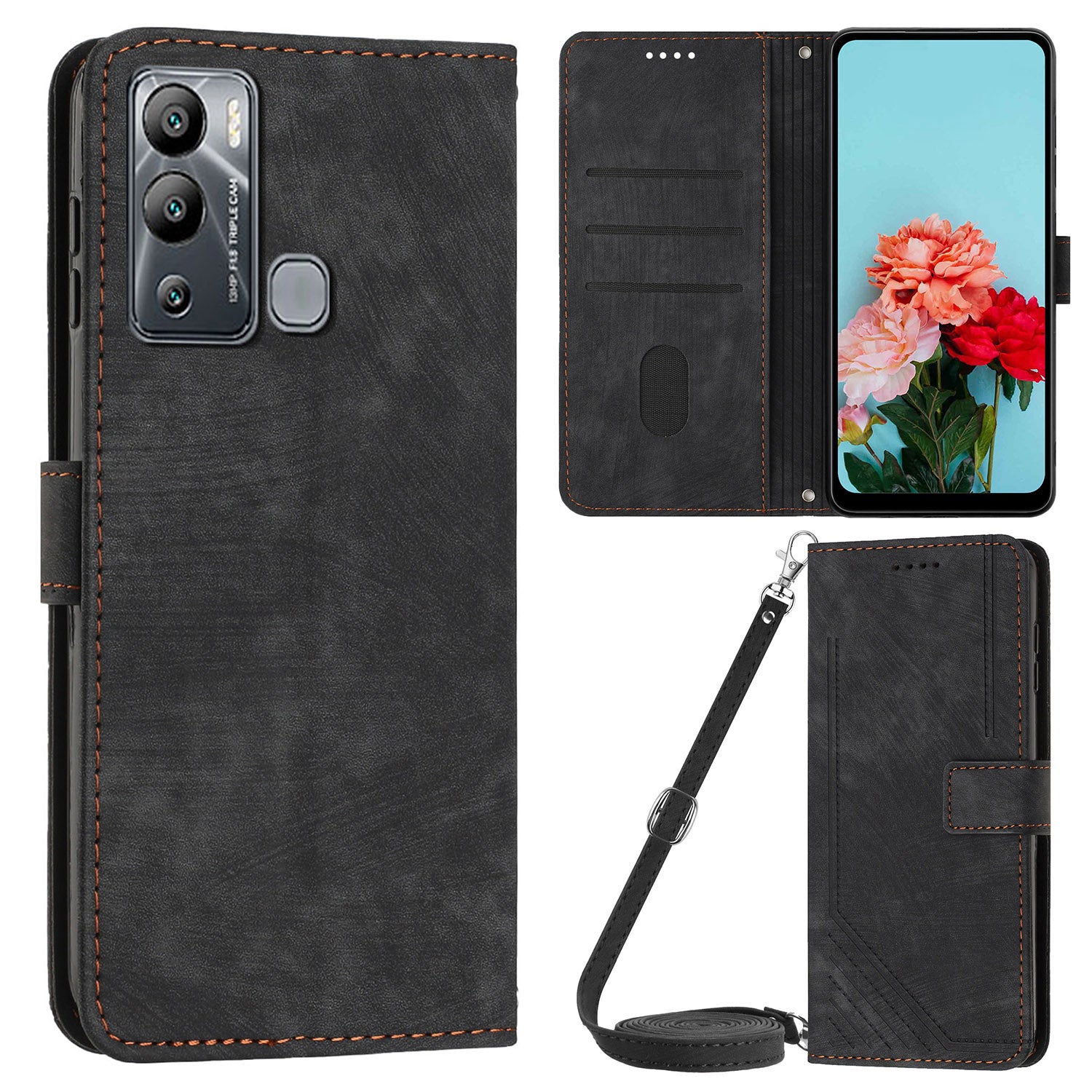 For Infinix Hot 12i 4G Slim-Fit Wallet Phone Stand Case PU Leather Lines Imprinted Skin-Touch Cover with Straps