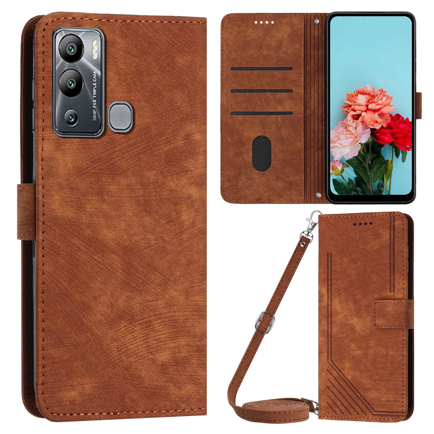For Infinix Hot 12i 4G Slim-Fit Wallet Phone Stand Case PU Leather Lines Imprinted Skin-Touch Cover with Straps
