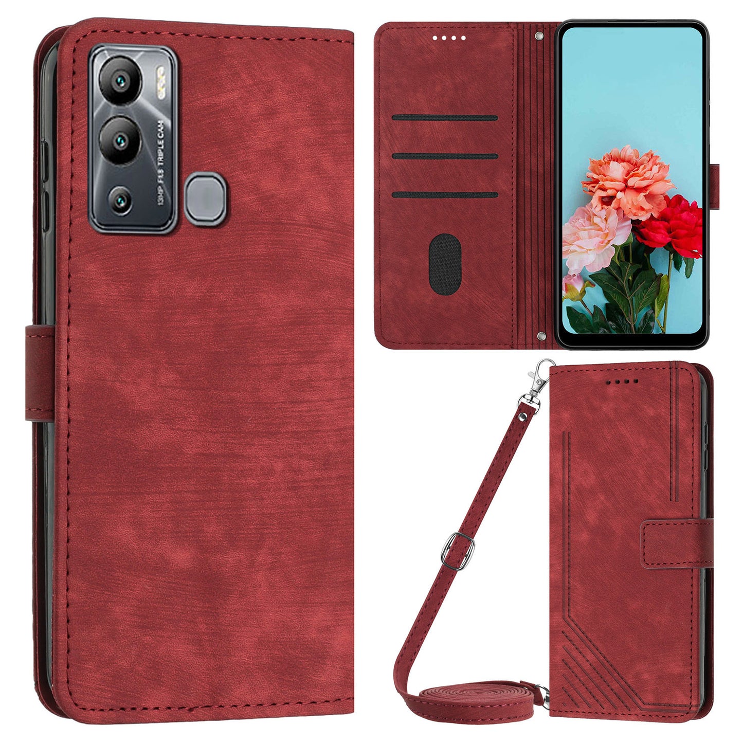 For Infinix Hot 12i 4G Slim-Fit Wallet Phone Stand Case PU Leather Lines Imprinted Skin-Touch Cover with Straps
