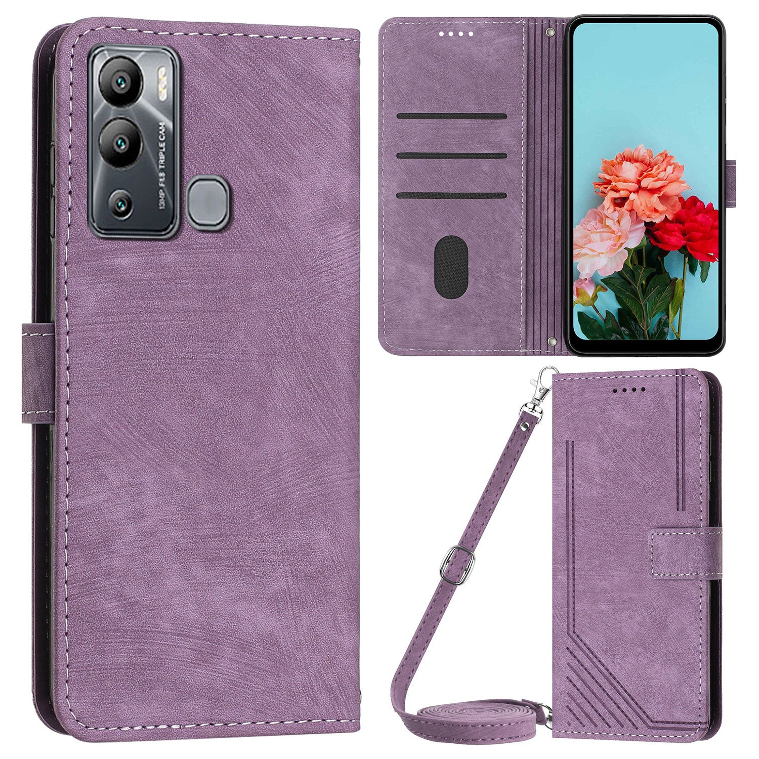 For Infinix Hot 12i 4G Slim-Fit Wallet Phone Stand Case PU Leather Lines Imprinted Skin-Touch Cover with Straps