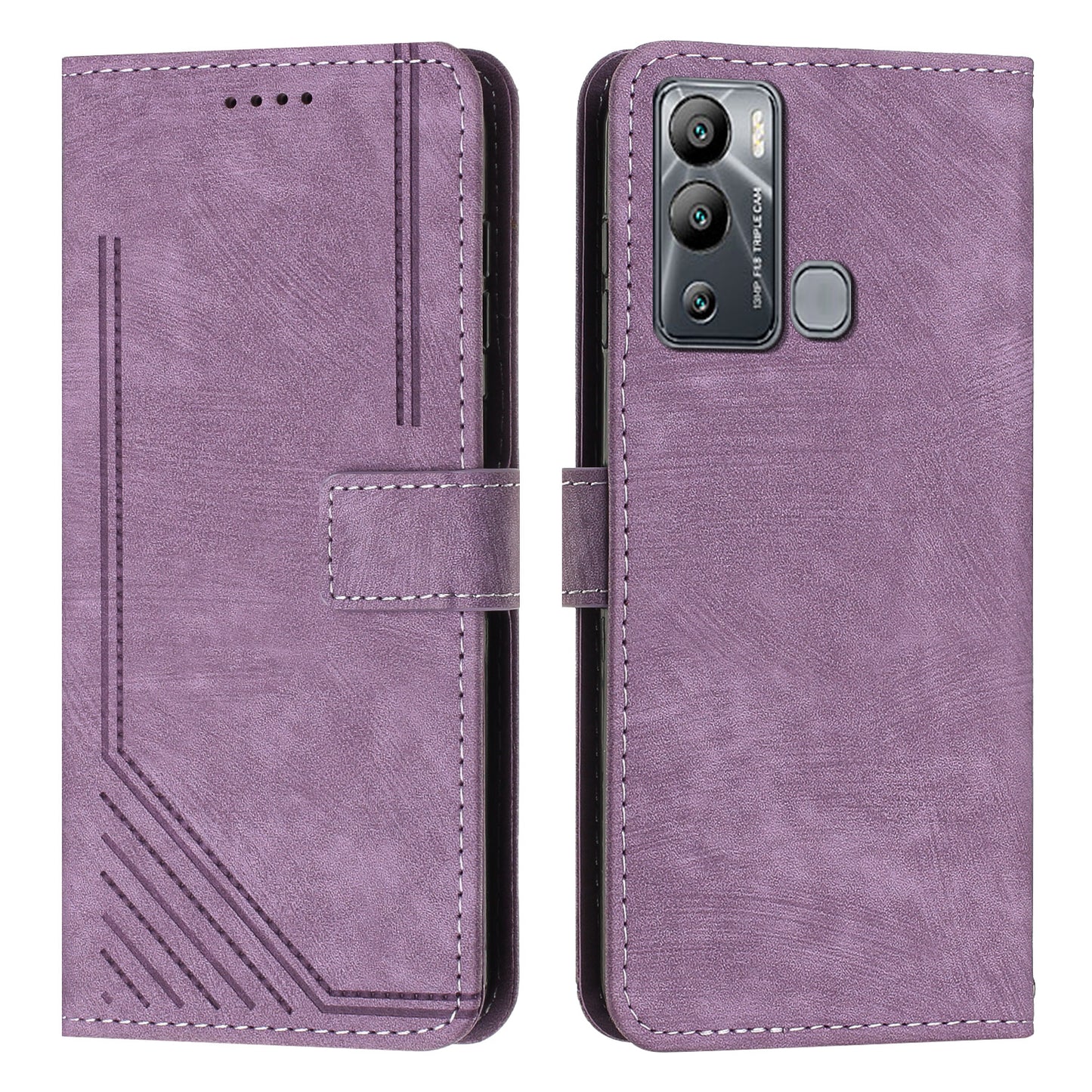 For Infinix Hot 12i 4G Slim-Fit Wallet Phone Stand Case PU Leather Lines Imprinted Skin-Touch Cover with Straps
