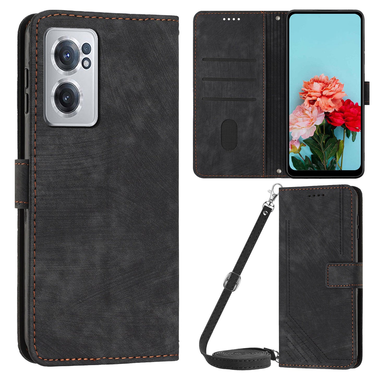 For OnePlus Nord CE 2 5G Imprinted Lines Stand Cell Phone Cover PU Leather Wallet Skin-touch Phone Case with Straps