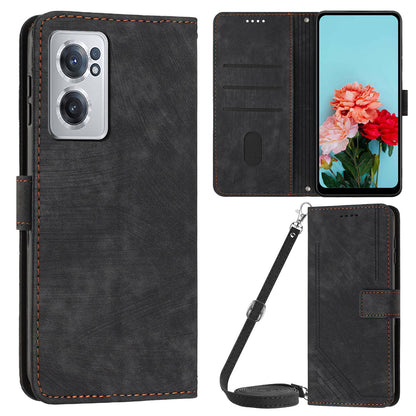 For OnePlus Nord CE 2 5G Imprinted Lines Stand Cell Phone Cover PU Leather Wallet Skin-touch Phone Case with Straps