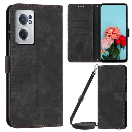 For OnePlus Nord CE 2 5G Imprinted Lines Stand Cell Phone Cover PU Leather Wallet Skin-touch Phone Case with Straps