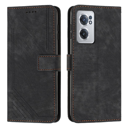 For OnePlus Nord CE 2 5G Imprinted Lines Stand Cell Phone Cover PU Leather Wallet Skin-touch Phone Case with Straps