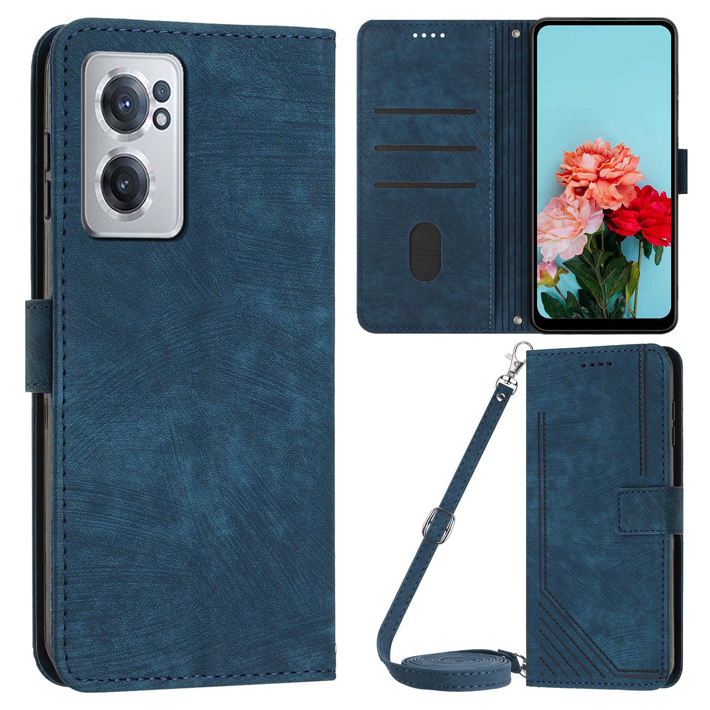 For OnePlus Nord CE 2 5G Imprinted Lines Stand Cell Phone Cover PU Leather Wallet Skin-touch Phone Case with Straps
