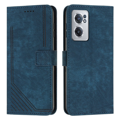 For OnePlus Nord CE 2 5G Imprinted Lines Stand Cell Phone Cover PU Leather Wallet Skin-touch Phone Case with Straps